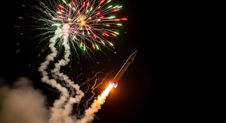 A model rocket with a fiery engine trail launches into the dark night sky as a colorful firework explodes in the background. The scene combines the excitement of a hobby rocket launch with the celebration of fireworks, symbolizing success, achievement, and festivity.の素材