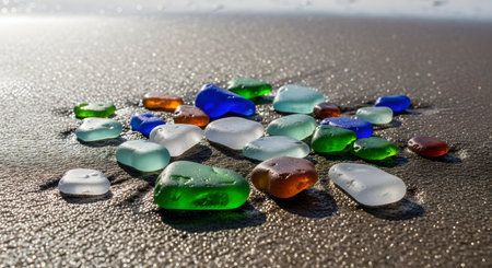 A collection of colorful, smooth sea glass pieces in shades of blue, green, white, and brown, resting on wet, sparkling sand at the beach. The sunlight highlights the frosted texture of the glass, creating a beautiful and serene coastal scene.の素材