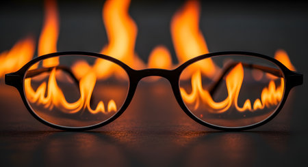 A dramatic conceptual image of a pair of black-rimmed eyeglasses with bright orange flames reflected in the lenses. The fiery background creates an intense and powerful mood, symbolizing passion, danger, focus, or a crisis.の素材