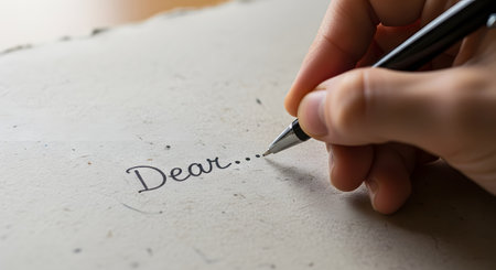 A close-up macro shot of a person's hand holding a black pen, beginning to write a letter on thick, textured artisan paper. The word 'Dear...' is written in cursive, suggesting a personal, heartfelt message or correspondence.の素材