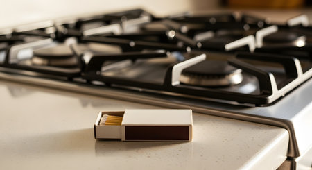 An open box of matches rests on a light-colored kitchen countertop, next to a modern stainless steel gas stove. The scene suggests cooking, lighting the burner, or a potential fire hazard.の素材