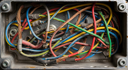 A top-down view into an open junction box reveals a chaotic and dusty tangle of multicolored electrical wires. The image symbolizes complexity, confusion, poor wiring, or the need for repair.の素材