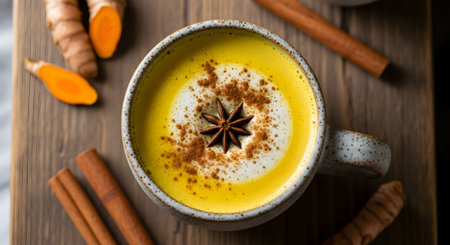 A top-down shot of a warm, yellow turmeric latte, also known as golden milk, in a ceramic mug. The healthy beverage is garnished with cinnamon powder and a star anise, with fresh turmeric root and cinnamon sticks nearby.の素材