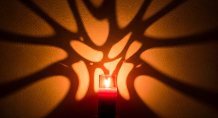 A single red candle burning inside a glass holder projects a large, complex, and abstract web-like shadow onto a textured orange wall. The warm candlelight creates a dramatic, mysterious, and atmospheric effect in a dark room.の素材