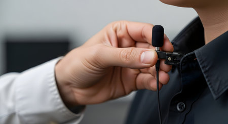 A close-up shot of a hand clipping a small, black lavalier microphone (lapel mic) onto the collar of a person's black shirt. This action is common preparation for an interview, speech, or video recording.の素材