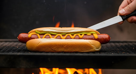 A perfectly grilled hot dog topped with a swirl of yellow mustard sits in a fresh bun on the grates of a barbecue. Flames are visible below, capturing the essence of a summer cookout, American fast food, and outdoor grilling.の素材