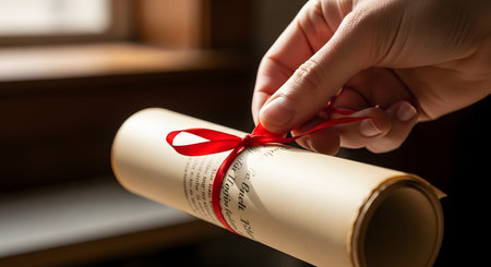 A person's hand is shown tying a thin red ribbon into a bow around a rolled-up parchment scroll. The scroll, possibly a diploma, certificate, or an old letter, is held in front of a window with soft light.の素材