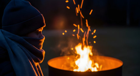 A person wearing a beanie and scarf is huddled near a fire burning in a metal barrel at night. The scene evokes feelings of cold, the need for warmth, and can represent poverty, homelessness, or a simple campfire.の素材