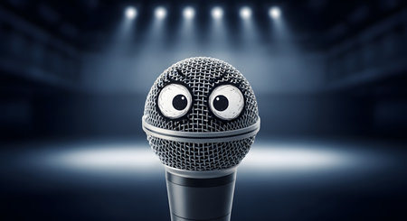 A dynamic microphone with large, cartoonish googly eyes is shown on a dark stage, illuminated by spotlights. The funny, anthropomorphic face on the mic suggests a comedy show, stand-up performance, or public speaking anxiety.の素材