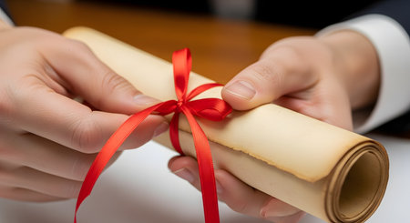 A close-up of a man's hands in formal attire, carefully tying a red ribbon into a bow around a rolled parchment scroll. The image represents graduation, achievement, receiving an award, or a formal legal document.の素材