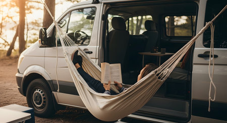 A woman relaxes in a hammock strung to the side of a white camper van, reading a book. The scene is set in a wooded area during sunset, evoking feelings of peace, freedom, and the van life lifestyle.の素材