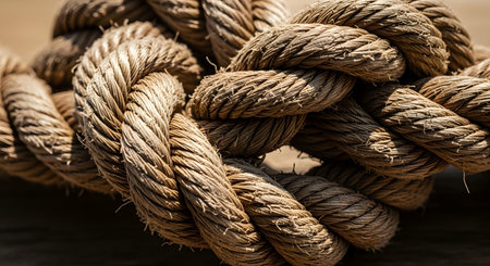 A detailed macro shot of a thick, natural fiber rope tied in a complex, tight knot. The texture of the braided jute or sisal rope is highlighted, symbolizing strength, connection, security, and teamwork.の素材