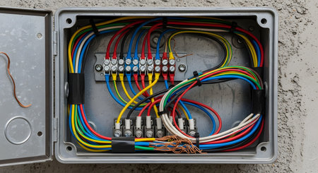 An open metal electrical junction box reveals a complex network of colorful wires neatly organized and connected to terminal blocks. The image represents electrical installation, maintenance, power distribution, and the work of an electrician.の素材