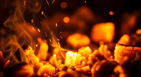 A macro, close-up shot of glowing hot embers from a fire or barbecue. The charcoal pieces are bright orange and red, with small flames, smoke, and sparks rising against a dark background.の素材