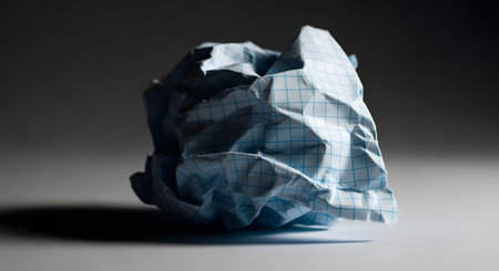 A single ball of crumpled blue graph paper is spotlit against a dark, moody background. This image symbolizes concepts like mistakes, creative blocks, frustration, discarded ideas, and the process of brainstorming.の素材