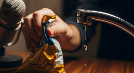 A close-up shot of a foley or ASMR recording setup. A hand crinkles a chip bag near a microphone, while a faucet drips water in the background, creating various sound effects.の素材