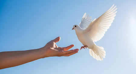 A pure white dove with its wings spread is being released from a person's open hand, flying towards a clear blue sky. This powerful image is a universal symbol of peace, freedom, hope, spirituality, and letting go.の素材