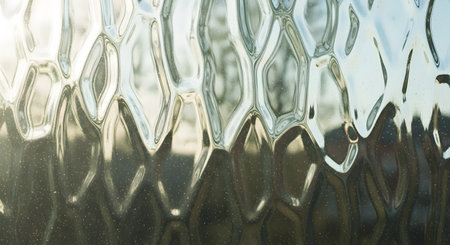 An abstract close-up of patterned privacy glass creates a distorted and blurry view. The texture of the glass refracts light, resulting in a beautiful and obscure background with soft gradients and reflections.の素材