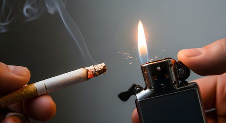 A person's hands are shown lighting a cigarette with the flame from a classic chrome lighter. Smoke curls up from the lit end of the cigarette against a dark background, illustrating the act of smoking and its associated habits.の素材