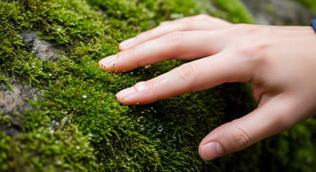 A close-up shot of a person's hand gently touching the soft, vibrant green moss growing on a rock. Small droplets of water or dew are visible on the moss and the hand, symbolizing a connection with nature, ecology, and sensory experience.の素材