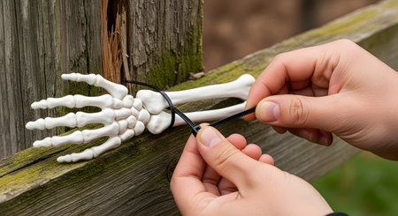 A close-up of a person's hands attaching a plastic skeleton arm to a weathered wooden fence post using a black zip tie. This is part of setting up outdoor Halloween decorations.の素材