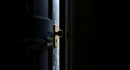 A dark, old door with peeling black paint is slightly ajar, revealing a sliver of light on its brass doorknob and the doorjamb. The door opens into a pitch-black room, creating a sense of mystery, fear, or opportunity.の素材