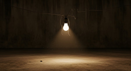 A single bare lightbulb glows brightly, hanging from a tangled wire in the center of a dark, empty, and desolate room. The light illuminates a small patch of the dusty floor and the textured back wall, creating a moody, minimalist, or conceptual scene about ideas or loneliness.の素材