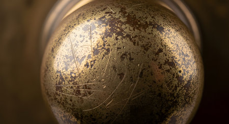 An extreme close-up, macro shot of an old, round brass doorknob. The surface is heavily scratched, tarnished, and worn, showing the golden metal underneath the aged patina, suggesting history and use.の素材