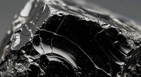 An extreme macro close-up of a piece of black obsidian, a type of volcanic glass. The image highlights the sharp, fractured edges, conchoidal fracture patterns, and glossy, reflective surface of the mineral.の素材