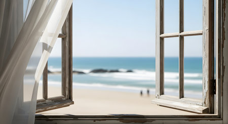 Looking through a rustic, open wooden window with a sheer curtain blowing in the breeze, out to a beautiful, sunny beach and the blue ocean. This idyllic scene evokes feelings of vacation, freedom, escape, and tranquility.の素材
