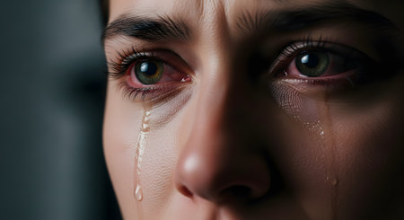 An intense, extreme close-up of a person's face, focusing on their red, bloodshot eyes filled with emotion. Tears are streaming down their cheeks, conveying deep sadness, grief, pain, or depression.の素材