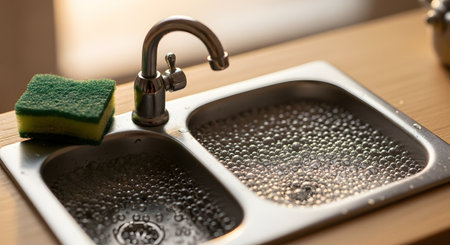 A charming and realistic miniature of a stainless steel double kitchen sink, one side of which is filled with iridescent soap bubbles. A tiny sponge rests on the side, creating a playful scene about cleaning, hobbies, or dollhouses.の素材
