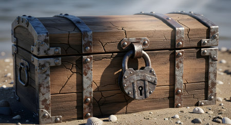 A vintage, weathered wooden treasure chest with rusted metal straps and a large lock sits on a sandy beach. This classic image represents pirates, adventure, hidden treasure, mystery, wealth, and discovery.の素材