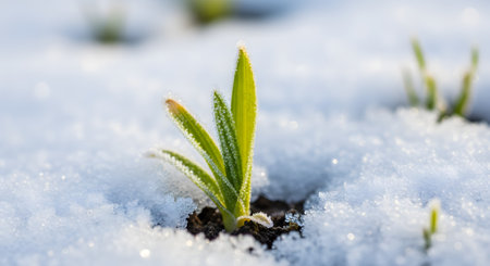 A resilient young green plant sprout, covered in frost, pushes its way through a blanket of white snow. The image is a powerful symbol of hope, new beginnings, resilience, and the transition from winter to spring.の素材