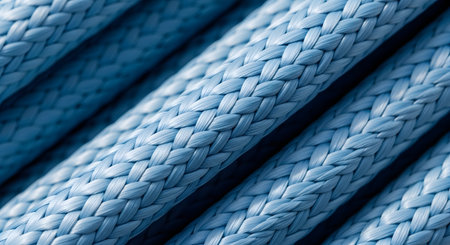 A detailed macro photograph shows the tight, braided texture of a strong, light blue synthetic rope. The parallel lines and intricate weave can be used as an abstract background, representing strength, durability, and connection.の素材