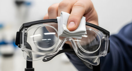 A close-up of a hand using a grey microfiber cloth to wipe and clean a pair of clear plastic safety goggles. The background is blurred, suggesting a laboratory or workshop, highlighting the importance of clear vision and safety.の素材