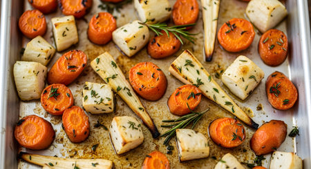 A top-down close-up of roasted root vegetables on a metal baking sheet. The chopped carrots and parsnips are caramelized and seasoned with fresh herbs like rosemary and thyme.の素材