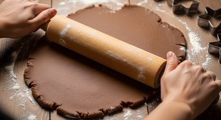 A top-down view of a person's hands using a wooden rolling pin to flatten a large piece of brown gingerbread or chocolate cookie dough. The dough is on a floured wooden table, with star-shaped cookie cutters nearby, in preparation for holiday baking.の素材