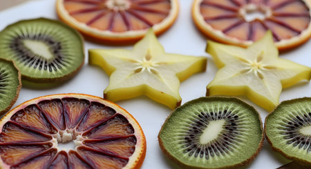 An artistic arrangement of colorful, thin slices of exotic fruits, including green kiwis, red-orange blood oranges, and yellow star fruits. The slices are displayed on a white surface, highlighting their intricate patterns and colors.の素材