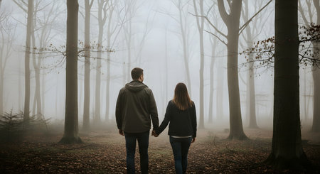 A couple, seen from the back, holds hands as they walk together into a dense, foggy forest. The bare trees and thick mist create a mysterious, moody, and atmospheric scene that represents a shared journey, love, and facing the unknown together.の素材