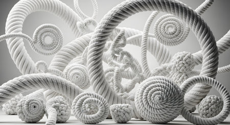 An abstract 3D rendering featuring a complex arrangement of thick, white ropes. The ropes are twisted, coiled into spirals, and tied in intricate knots, creating a dynamic, textured composition against a plain white background.の素材