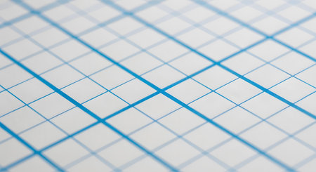 A close-up, angled macro photograph of a sheet of white paper with a blue grid pattern. The graph or grid paper is often used for technical drawings, mathematics, or design, symbolizing precision and planning.の素材