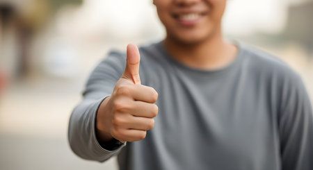 A smiling man, with his face partially blurred, extends his hand towards the camera and gives a thumbs-up gesture. The image conveys positivity, approval, success, and customer satisfaction.の素材