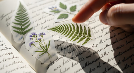 A close-up of a hand placing a clear sticker with a pressed fern and purple flowers onto the pages of an open journal. The journal contains handwritten text, and the scene is lit by soft, natural light, evoking scrapbooking.の素材