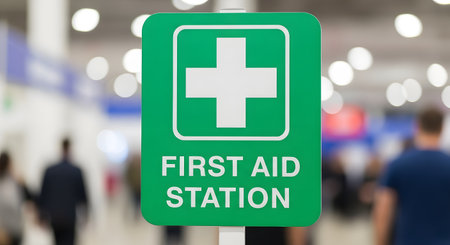 A green 'First Aid Station' sign with a white cross symbol is displayed prominently in a busy public area with a blurred background. The sign indicates the location for medical assistance and emergency help.の素材
