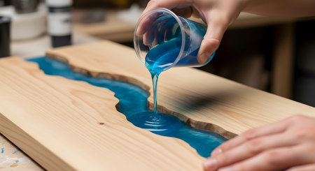 A craftsman pours translucent blue epoxy resin from a measuring cup into a channel carved into a wooden slab to create a 'river table'. This image captures the process of woodworking, DIY projects, art, and modern furniture design.の素材