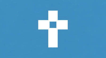A simple, minimalist graphic of a white Christian cross set against a solid, bright blue background. The cross has a modern design with a small square cutout in the center, representing faith, religion, and Christianity.の素材