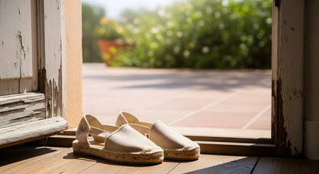 A pair of beige espadrille shoes rest on a wooden floor by an open doorway. Warm sunlight streams in, illuminating a patio and lush green garden in the background, evoking a relaxed summer vacation feeling.の素材