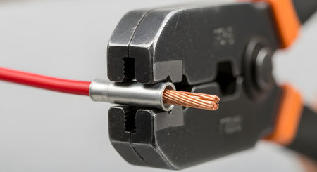 A close-up macro shot of a wire crimping tool, or crimper, applying pressure to a metal wire ferrule. The ferrule is attached to the end of a stranded copper wire with red insulation, securing the connection. The background is a plain, light gray.の素材