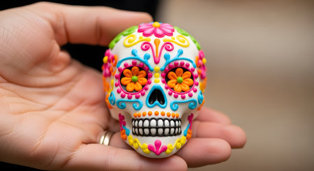 A close-up of a person's hand holding a small, intricately decorated sugar skull (calavera). The white skull is painted with bright, colorful patterns and flowers, celebrating the Mexican holiday Dia de los Muertos (Day of the Dead).の素材